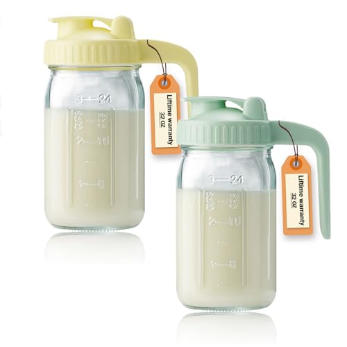 Image of 32oz Glass Pitcher with Lid & V-shaped Pour Spout - 1 Quart Double Leak Proof, Creamer Container for Sun Tea, Juice, Cold Brew Coffee, Breastmilk Storage Container