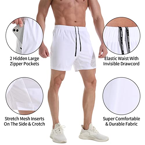 Vpos Gym Shorts For Men 5 Inch - Lightweight Mens Athletic Shorts Quick Dry Workout Running Shorts With Zipper Pockets (White, Medium) #TOP3