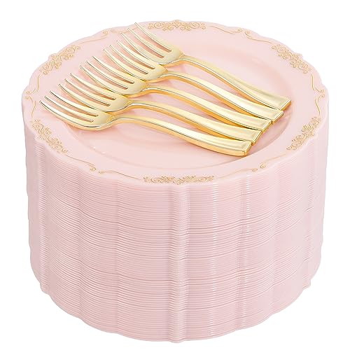 LIYH 100 Pcs Pink Gold Dessert Plates - 100 Pcs Gold Plastic Forks,Cake Plates Disposable with Forks, Appetizer Plates, Bridal Shower Party Plates for Birthday Wedding Party