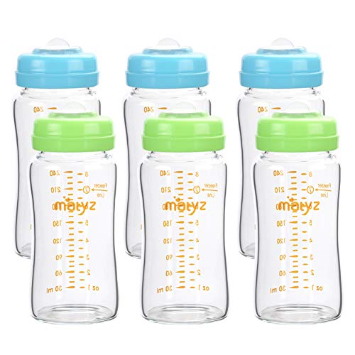 Matyz 6-Pack 8 Ounce Glass Breast Milk Storage Bottles (Green and Blue Lids)