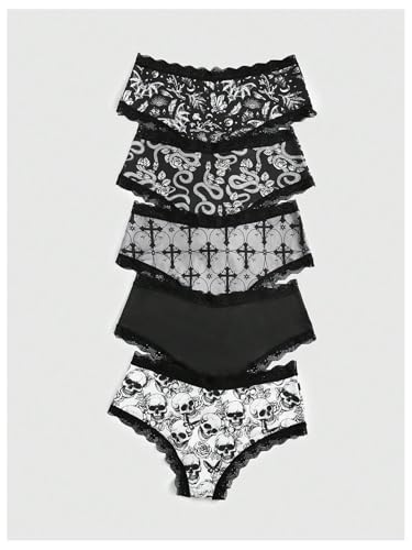 MakeMeChic Women's 5 Pack Gothic Floral Lace Briefs Graphic Print Scallop Trim Panty Underwear2