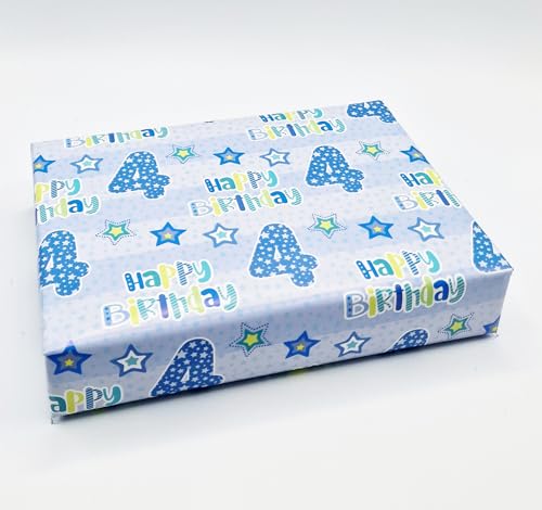 2 Sheets + 2 Gift Tags 4th Birthday Boy Blue Wrapping Paper Age 4 Cute Birthday Gift wrap Blue (PA)