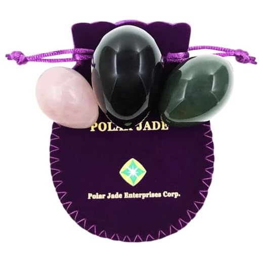 Yoni Eier Dreierset mit 3 Größen und 3 Gestein, gebohrt, mit ungewachste Seidenschnur & Anleitung, Aus Nephrit, Rosenquarz und Obsidian, für Yoni Liebe Muskeln Massage in Kegel-Übungen, Polar Jade
