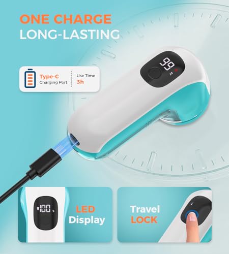 Image of BEAUTURAL Fabric Shaver, Rechargeable Lint Remover, Electric Portable Sweater Defuzzer with 3 Speeds, 6 Leaf Blades, Digital LED Display, Remove Pilling for Clothes, Furniture, Sweater, Couch, Blanket