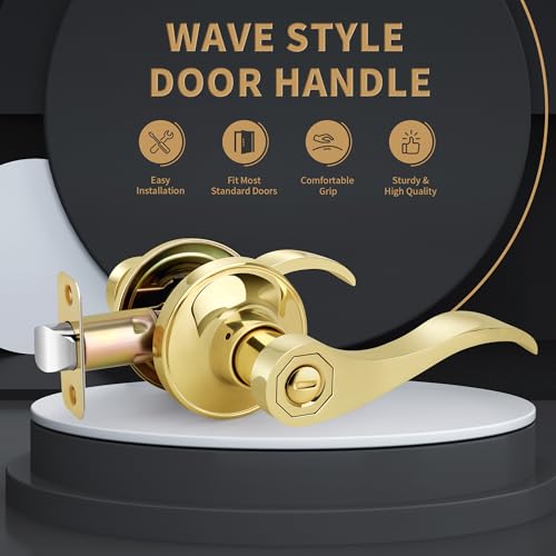 Gaurqiah Wave Style Privacy Door Handle with Privacy Lock, Keyless Door Lever for Bathroom/Bedroom in Polished Brass Finish, No Key Reversible Lever for Left/Right Doors by Gaurqiah - Used condition - Image 2
