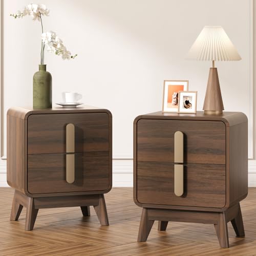 Image of JOINICE Mid Century Modern Night Stand Set of 2 for Bedroom, Walnut | Bed Side Table with Storage for Living Room, Bedroom, Walnut Veneer Finish, 2 Large Drawers with Golden Handles, Accent Piece