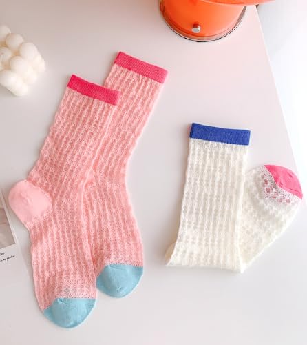 Image of Women's Dopamine Color-Block Crew Socks, Mesh Mid-Calf & Scrunch Thin Sock for Shoe Size 5-8