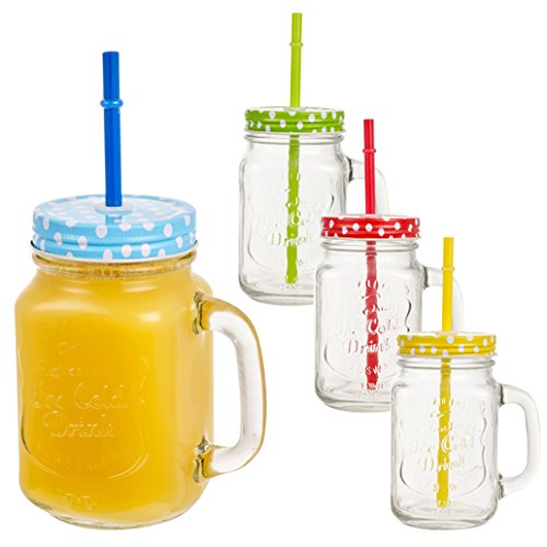 Image of Excellent Houseware Mason Drinking Glass Jar Tumbler with Lid & Straw - Set of 4