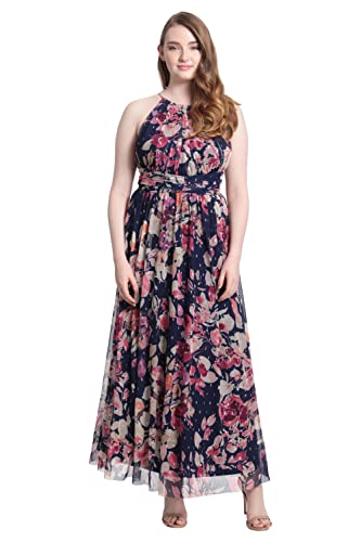 Image of London Times Women's London Times Mesh Halter Maxi Dress with Ruched Waistband Flowy Bohemian Beach Dresses
