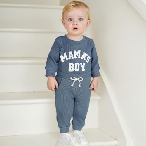 ZAXARRA Newborn Boy Clothes Mama Boy Embroidered Long Sleeve Romper Waffle Ribbed Pants Set Baby Fall Winter Outfit2