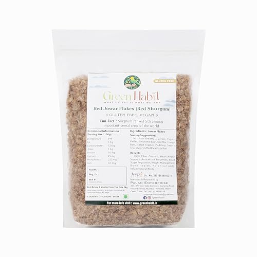 Image of GreenHabit Red Jowar Flake, 1 kg - Nutritious and Gluten-Free Sorghum Cereal - High Fiber Breakfast Vegan (Red Jowar Flakes, 1 kg)