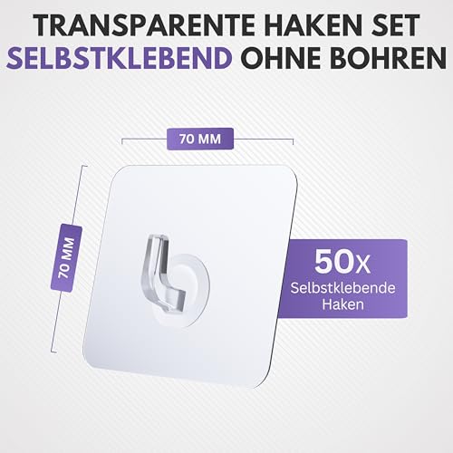 Filzada® 50x Klebehaken Extra Stark - bis 10kg - Haken Selbstklebend 70x70 mm - Transparente Haken - Klebehaken Transparent für Bad, Küche und mehr - Wandhaken Selbstklebend - Aufhänger