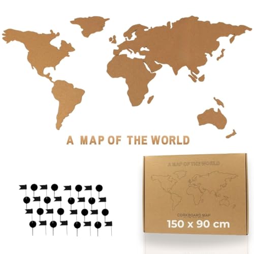 Tripvea - Mapa Mundi de Corcho | Cuadro Mapa del Mundo para Pared – Mapa Viajero con 50 Chinchetas, Estilo Vintage para Marcar Viajes Realizados (150x90)
