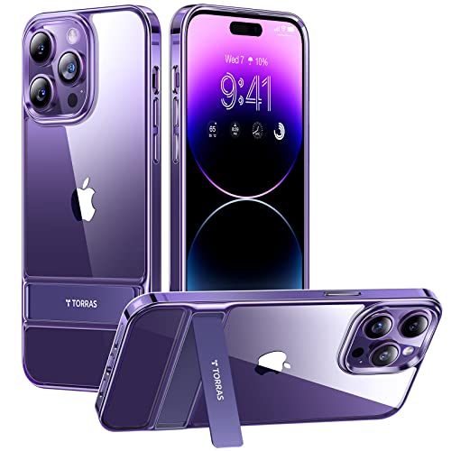 TORRAS MoonClimber Designed for iPhone 14 Pro Case Clear with Stand Metal Kickstand, Non-Yellowing, 10FT Military Drop Protective Shockproof Slim Hard Case for 14 Pro Phone Case with Kickstand, Purple
