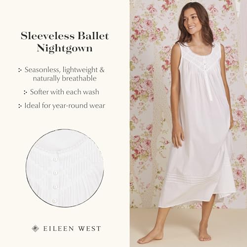 Image of Eileen West Sleepwear & Loungewear for Women - Poetic Woven Lawn Collection - 100% Cotton Lightweight Sleeveless Nightgown