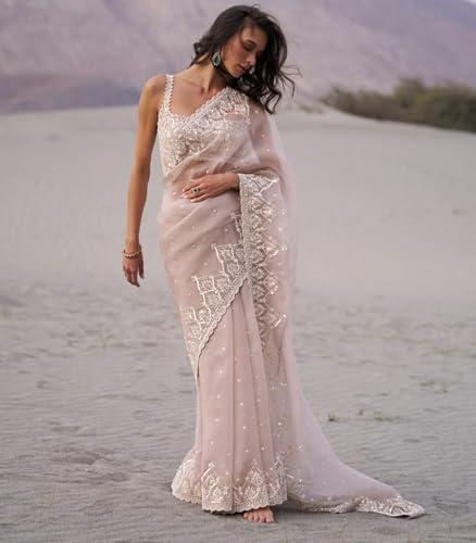 Image of Yashika Women's Organza Satin Butti Work With Zari Lace Border Embroidered Saree| Women Sari