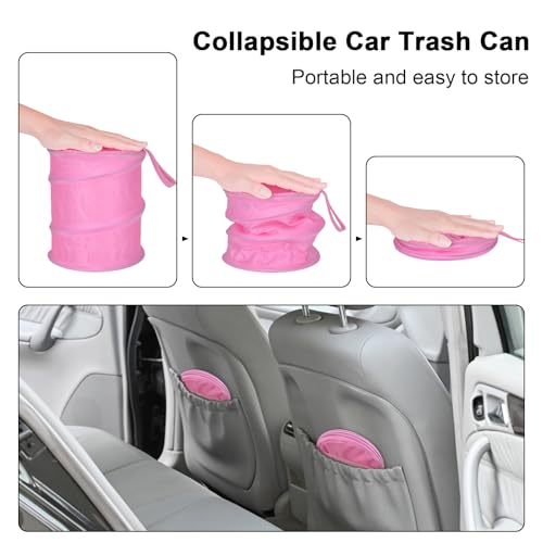Image of Car Trash Can, 2 Packs Mini Car Garbage Can, Collapsible Trash Bin | Pop-Up Trash Can for Car Front Back Seat, Portable Car Trash Bag Hanging for Vehicle SUV Rv Truck Accessories Interior, Pink
