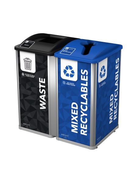 Prism 64 Gallon Double Modular Commercial Recycling and Waste Bin Container System for Offices, Schools, Lobbies, and Businesses (Black,Blue, Double Bin)