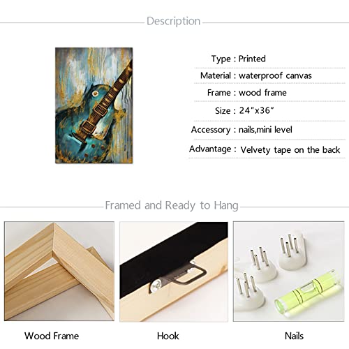 Sechars Music Canvas Wall Art Guitar Painting On Canvas Abstract Teal And Gold Pub Bar Decor Artwork Framed Ready To Hang 24X36Inch #TOP5