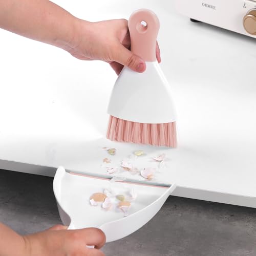 Image of NACENA Mini Dustpan and Brush Set 2 Pack, Small Broom and Dustpan Set Dust Pan and Mini Hand Broom Dustpan and Broom Combo Compact for Home Table Keyboards Sofa Kitchen, Pink