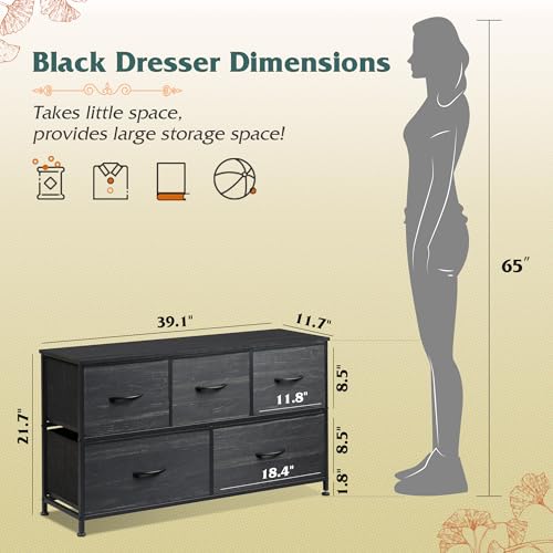 Image of WLIVE Dresser for Bedroom with 5 Drawers, Wide Chest of Drawers, Fabric Dresser, Storage Organizer Unit with Fabric Bins for Closet, Living Room, Hallway, Charcoal Black Wood Grain Print