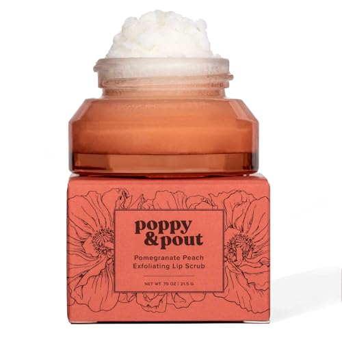 Poppy &amp; Pout Natural Lip Scrub, Moisturizing Sugar Scrub for Dry Lips, Lip Scrubber Exfoliator with Essential Oils Smooths and Hydrates Lips, In Recyclable Glass Jars, Cruelty Free - Pomegranate Peach