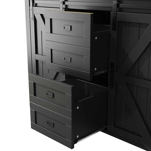 Miniatura 7 de Lakfew Armario Cocina Con Luz Led Y Puerta Corredera, Aparador Alto Con Estante Ajustable Y Compartimento Abierto, Aparadores Alacena De Cocina Despensa, Dispositivo Antivuelco, 115x40x174.7 Cm, Negro