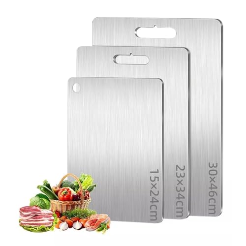 BEMMY Kit 3 Tábua De Corte De Aço Inoxidável, Tábua De Corte Não Tóxica De Carne E Vegetais De Qualidade Alimentar De Dupla Face (15 * 24cm, 23 * 34cm, 30 * 46cm)