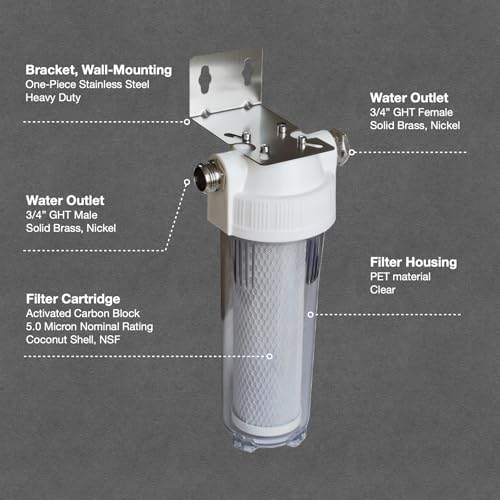 Image of Uni X1 Clear RV Water Filter Housing with High Efficiency Activated Carbon Filter 2.5X10 inch, Heavy Duty Stainless Steel Bracket