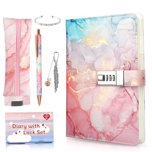 Honosen Tagebuch mit Schloss, A5 Schreibtagebuch für Mädchen, Geschenk zum Schulanfang, Notizbuch-Set mit Kugelschreiber,Stifteetui,etc, Teenager Mädchen Schreibwaren Geschenke 8 9 10 11 12 13 Jahre