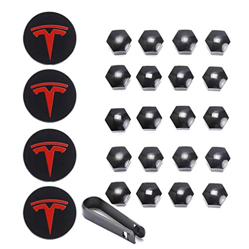 Tesla Model 3, S & X Aero Wheel Cap Kit White (4 Hub Center Cap + 20 Lug Nut Cover) (Red)