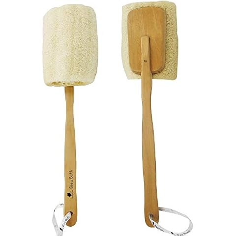 Bleu Bath (2 Pack) Exfoliating Loofah Back Brush Dry Body Brush in 100% Natural and Organic Luffa with Long Wooden Handle Fixed, Scrubber Brush for Men and Women or Even Sensitive Skin Cover