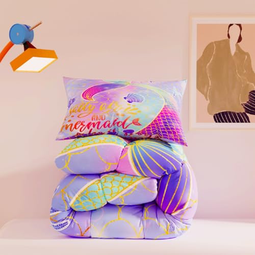 Image of Mermaid Comforter Sets,Cute Pattern for Kids Girls Adults,Decorative Bedding Comforter Sets with 2 Pillow Shams, Twin Size