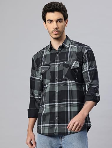 Image of Majestic Man Men's Pure Cotton Cargo Checks Shirt with Dual Flap Pockets - Slim Fit | Full Sleeve | Casual Wear | Trendy & Comfortable