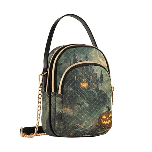 Womens Shoulder Purse Halloween Spooky Pumpkins House Quilted Phone Handbag Small Chain Purse Cute Zipper Satchel Crossbody Tote, 5.9" × 8.3" × 3.1"2