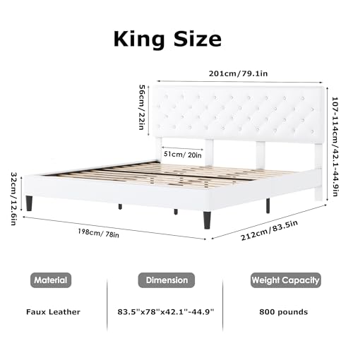 Keyluv Upholstered Platform Bed Frame with Button Tufted Headboard, Faux Leather, Wooden Slats Support, No Box Spring Needed, Easy Assembly, King Size, White