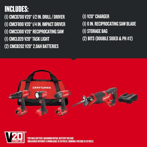 CRAFTSMAN V20 Cordless 4-Tool Power Tool Combo Kit with 2 Batteries and Charger (CMCK400D2) - Image 3