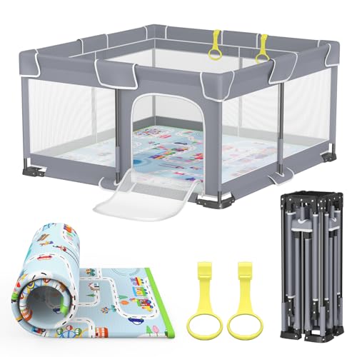 VANCLE Plegable Parque Infantil Bebe 127x127cm + Alfombra de Juegos para Bebé + Anillo de Tracción + Bolsas de Transporte, Mejorada Parque Infantil Bebés con Apertura con un Clic y Fácil Instalación