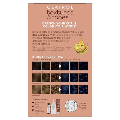 Clairol Textures & Tones Permanent Hair Dye, 2BB Midnight Blue Hair Color, Pack of 2