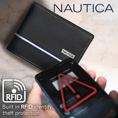 Image of Nautica Men's Bifold Leather Wallet | RFID Blocking | ID Window | Card Slots | Organization | Durable | Stylish