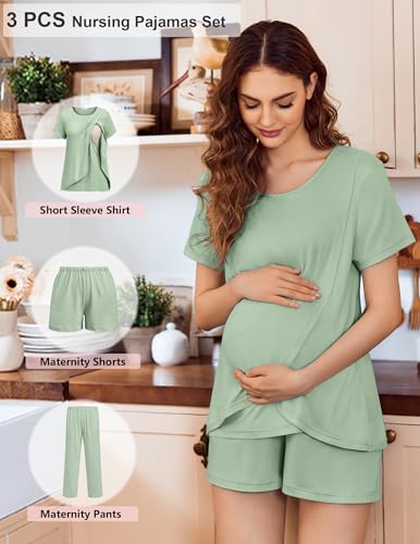 Image of Ekouaer 3 PCS Maternity Nursing Pajamas Set Postpartum Breastfeeding Short Sleeve Shirts, Pregnancy Shorts & Pants Pjs S-XXL