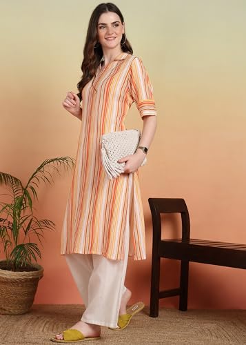 Image of Akiko Women's Cotton Crape Calf Length Strip Print Half Lenght Sleeve V-Neck Straight Kurta(Orange)