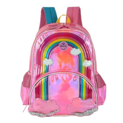 Mochila Infantil Holográfica Arco-Íris, 40 x 30 x 15 cm, Design com Nuvens, Alças Ajustáveis
