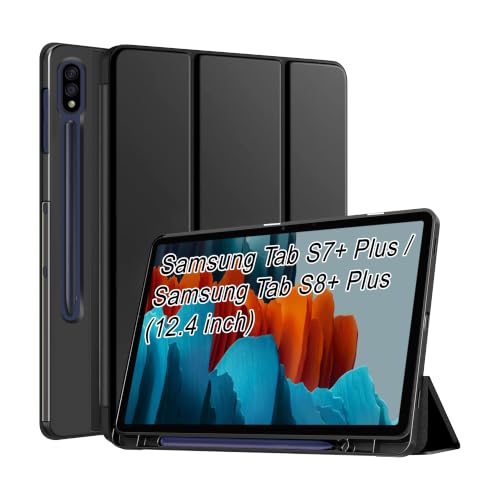 Image of CEDO Smart Case for Samsung Tab S7+ Plus / S8+ Plus (12.4 in) Tri-Fold Flip Folio Cover | Pencil Holder | Auto Wake-Up /Sleep Mode | Multi View Angles Stand TPU Backcover (Black)