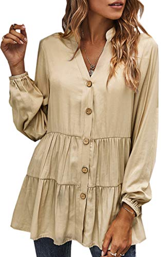 Angashion Women Tunic Tops Casual Solid Long Sleeve Ruffle V Neck Button Down Loose Babydoll Shirt Blouse Beige X-Large