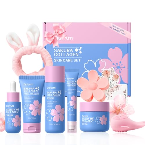QUIYUM Set de Cuidado Facial con Sakura Collagen, Hidratación, Firmeza y Luminosidad, Set de Regalo para Adolescentes, Rutina Glass Skin para Mujeres