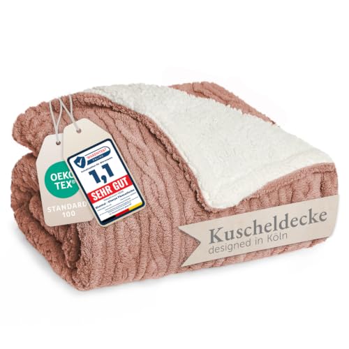 Blumtal Kuscheldecke 130x150 cm mit Zopfstrick-Optik - Oeko-TEX zertifizierte Mikrofaser Fleecedecke mit weicher Sherpa-Innenseite - Sherpa… – Ansicht 1