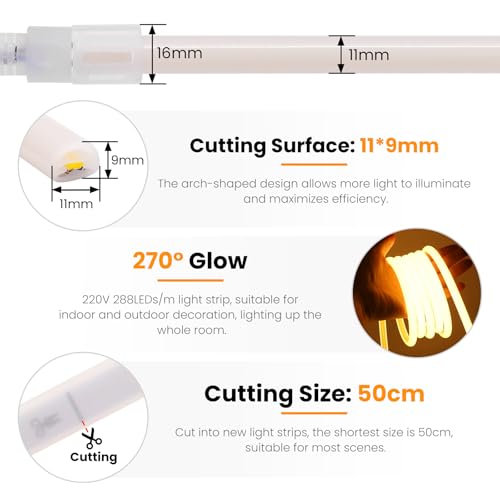 Wisada 230V COB Neon LED Streifen 3m, 270°Beleuchten Licht, Schneidbar (50cm), 288LEDs/m Superhell Flexible Warmweiß FCOB LED Leuchtband Mit Schaltstecker für Weihnachten, Party Deko