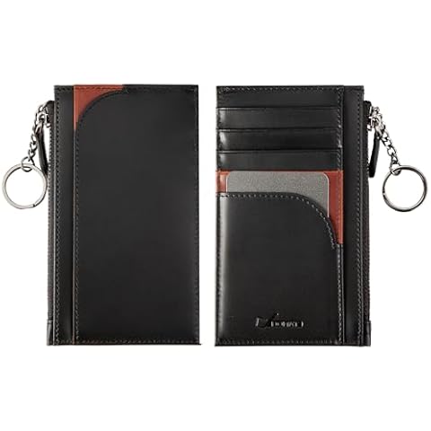 DOMAT Slim Minimalist Credit Card Holder for Men Women Leather Coin Pocket Wallet Purse With Key Chain&Zipper Business Color Contrast Organizer Case Purse Gift (Black) Cover