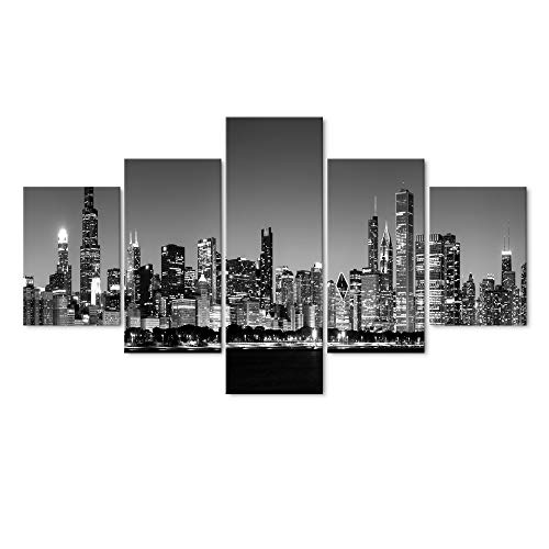5 Pcs Abstract Cityscape Chicago Skyline Wall Art Black And White Modern Panoramic Cityscape Picture Painting Bedroom Office Living Room Home Decoration City View Framed Ready To Hang - 60" Wx 40"H #TOP4
